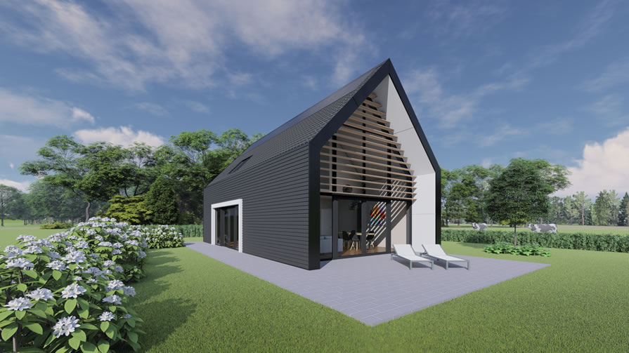 Tuinzijde/achterkant stalen schuurwoning